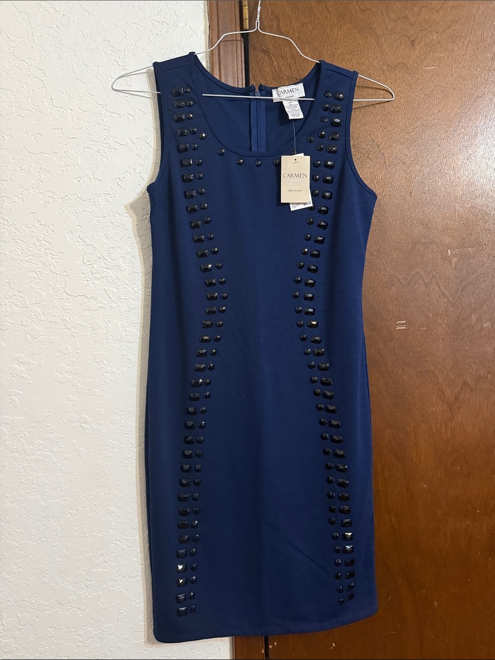 Carmen Marc Valvo Navy Studded Midi Sheath Dress